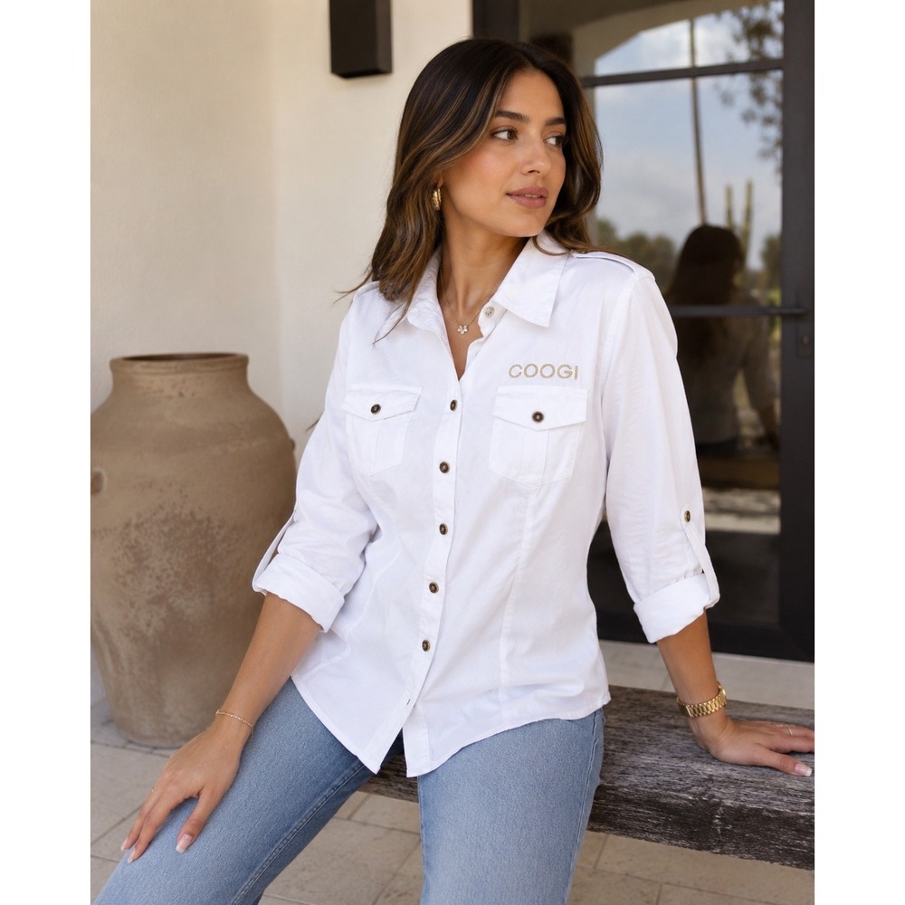 COOGI Women's White Button-Up Shirt XL Gold Logo Roll Tab‎ Stretch Y2K